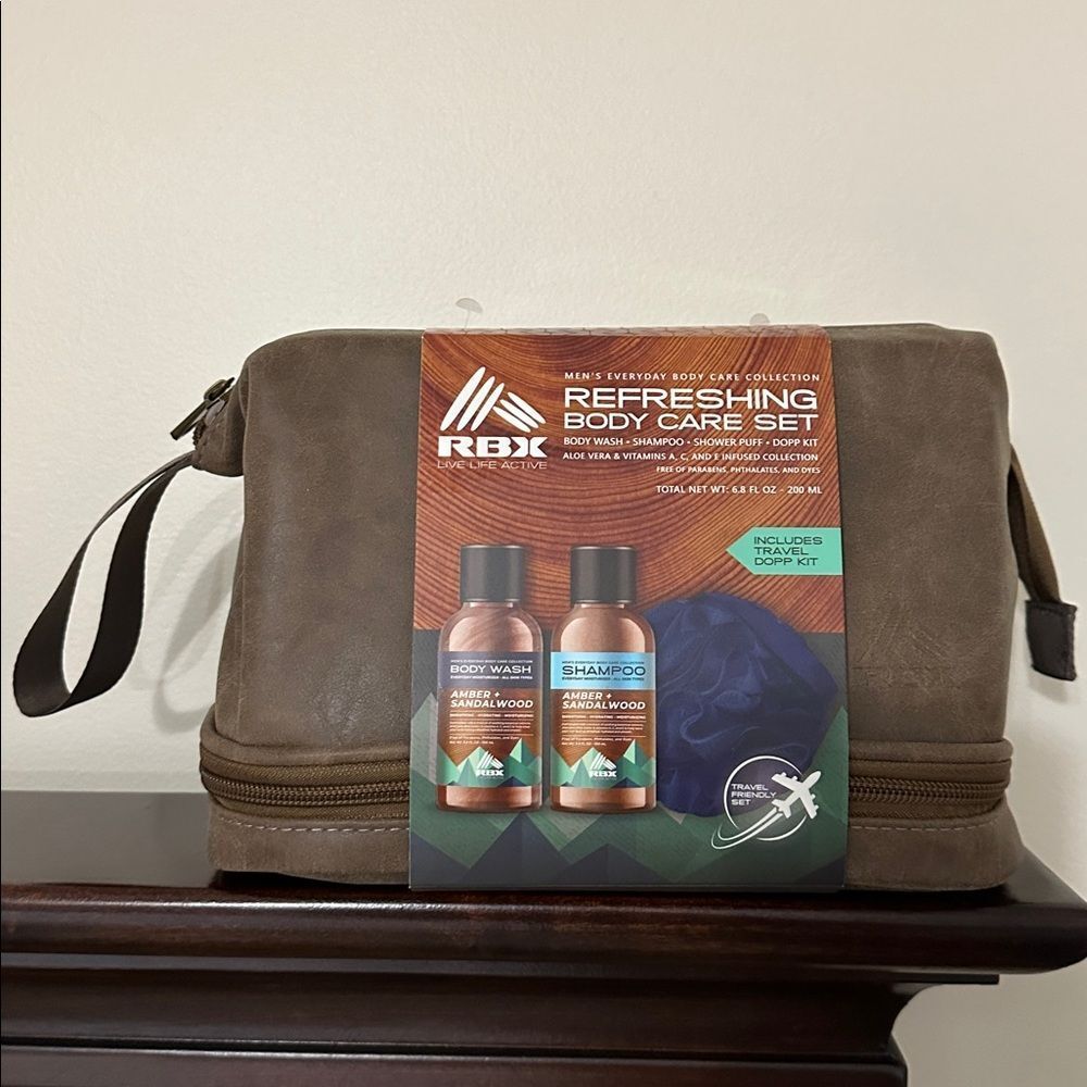 RBX Rugged Brown Brass Tone Faux Leather Toiletry Travel Bag Dopp Kit